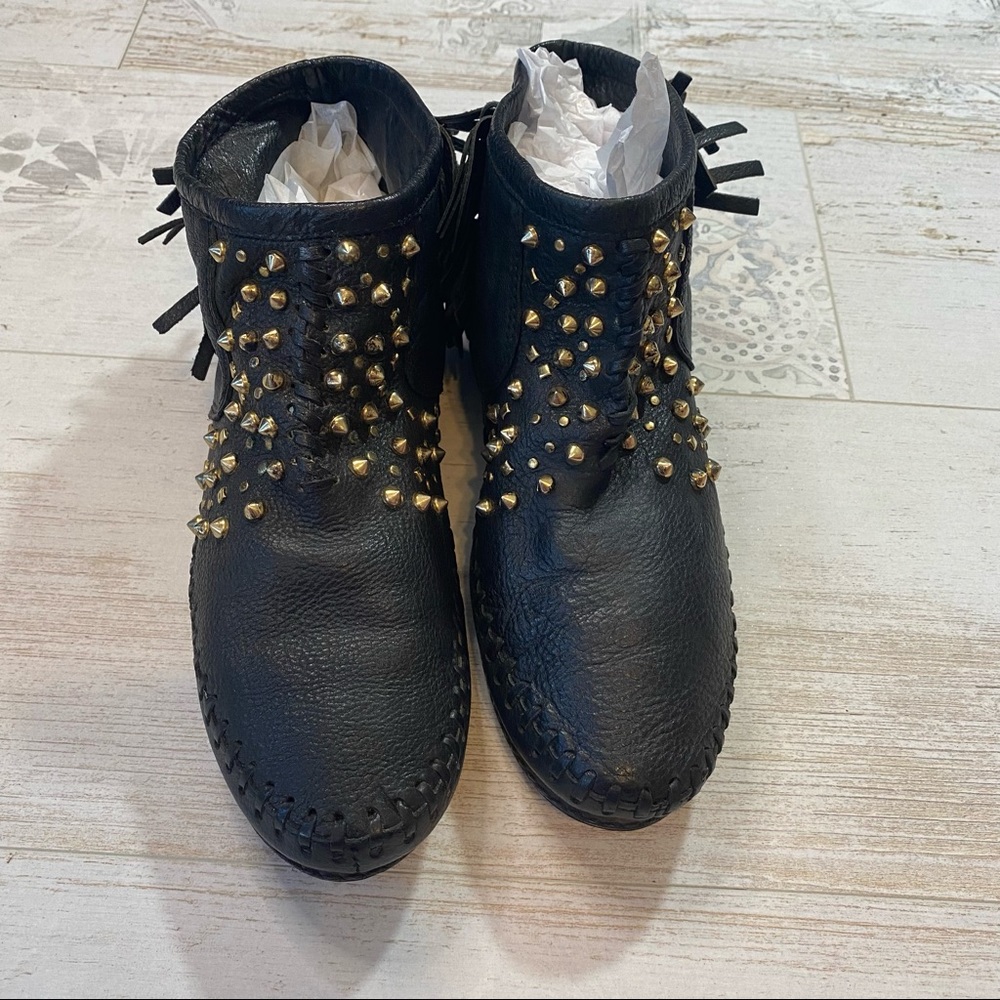 Zara Black Leather Studded Fringe Moccasins - Picture 2 of 10